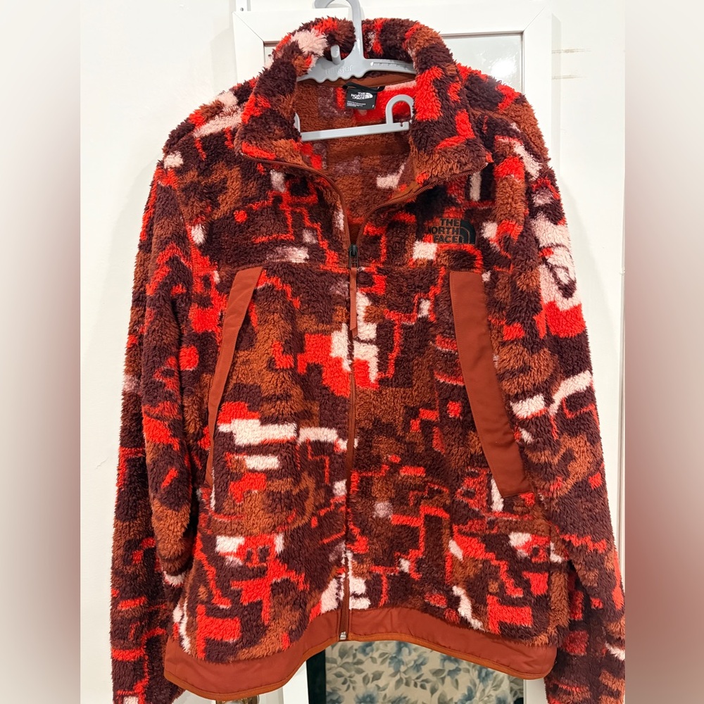 The North Face Red and Brown Patterned Fleece Jacket